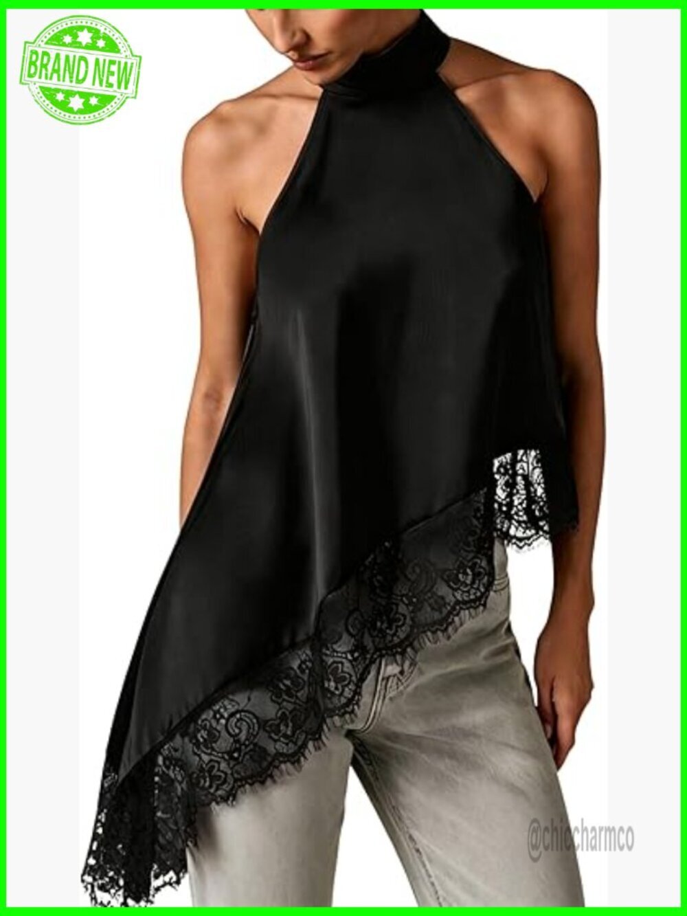 Halter Neck Sleeveless Tank Top with Asymmetrical Lace Hem